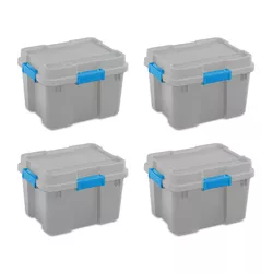 Sterilite 20 Gallon Heavy Duty Plastic Home Organizing Stackable Storage Container Tote Box with Secure Latching Lid, Gray/Blue, (4 Pack)