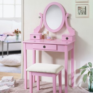 FONTOI 30"W Wood Makeup Vanity Table and Stool Set with Adjustable Oval Mirror 3 Storage Drawers for Bedroom Dressing Room, Pink, 30"*15.75"*52.5" - 1 of 4