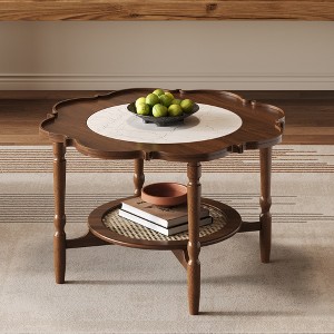 ModernLuxe Petal Coffee Table with White Crackle Pattern Glass, Mid-Century Modern Cocktail Table 2-Tiered Sofa Side Table Rattan Accent Table, Walnut - 1 of 4