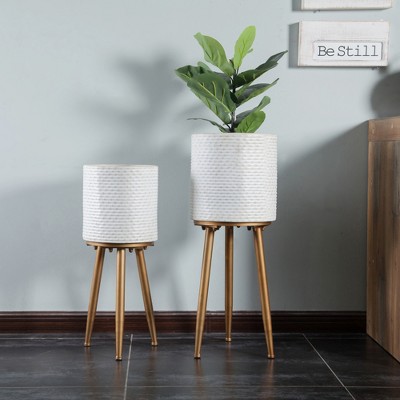 Distressed White and Bronze Dimpled Metal Planter Set with Tripod Stand