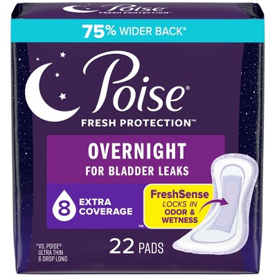 Poise Overnight Incontinence Pads for Women - Ultimate Extra Coverage - 8 Drop - Extra Coverage - 22ct