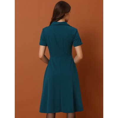 Женские платья INSPIRE CHIC Women's Vintage Flat Collar V Neck Short Sleeve Belted 1950s Flare Dress Small Peacock Blue — фото 3