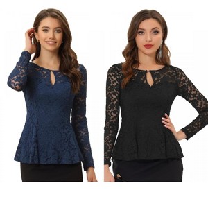 INSPIRE CHIC Women's Floral Lace Front Peplum Hem Keyhole Sheer Long Sleeve Blouse 2 Pieces - 1 of 4