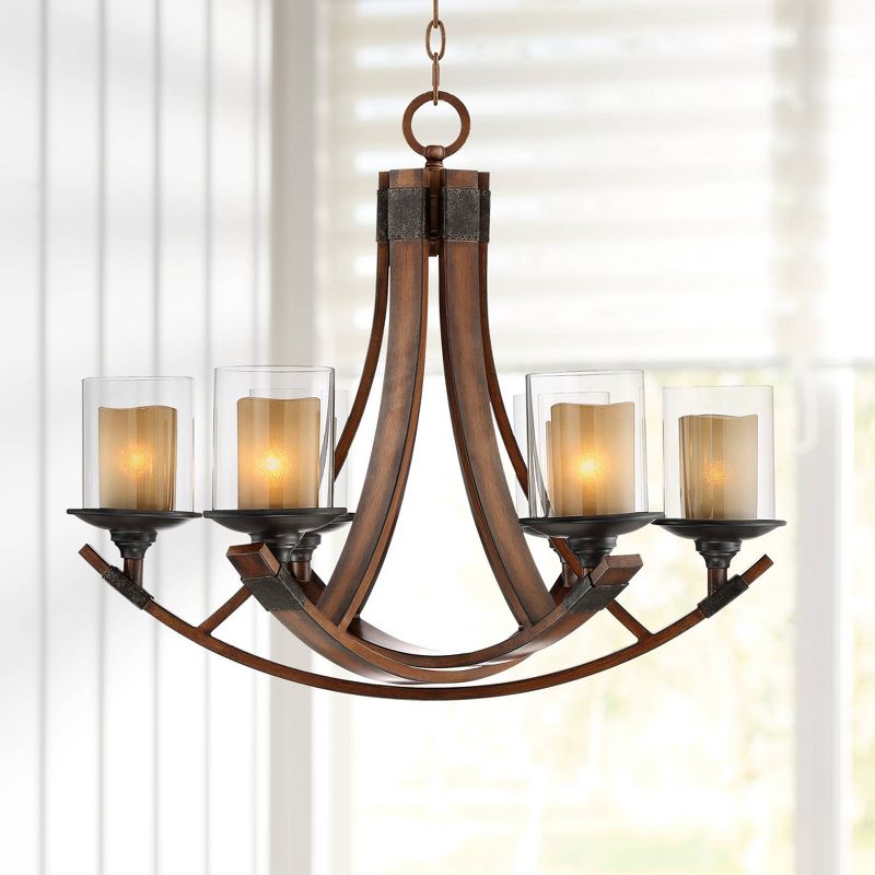 Franklin Iron Works Mahogany Wood Finish Chandelier 27 1/2" Wide Rustic Curving Clear Outer Scavo Inner Glass 6-Light Fixture Dining Room, 2 of 10