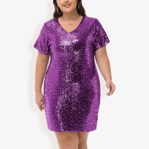 Anna-Kaci Women's Plus Size V-Neck Short Sleeve Sequin Party Dress - 1 of 4