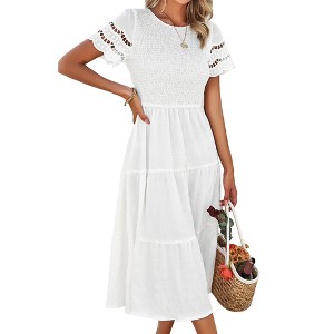 Smocked Bodice Tiered Midi Dress with Lace Trim Sleeves  Lightweight  Textured Fabric for Effortless Boho Style White M : Target