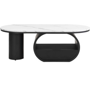 Vynxaria Series 47.24 in. Black and White Oval Faux Marble End Table with Storage Drawer and Adjustable Feet - 1 of 4