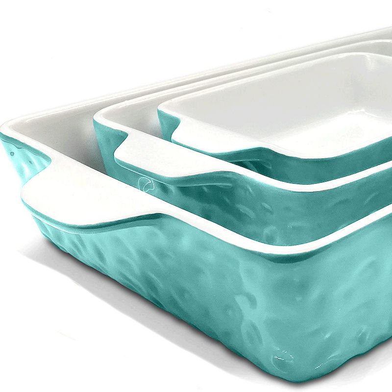 NutriChef NCCREX3 Rectangular Ceramic Stackable 3 Piece Nonstick Stain Resistant Oven and Microwave Safe Kitchen Bakeware Pan Set, Aqua (2 Pack), 4 of 7