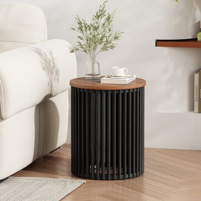 Black Acacia Solid Wood Side Table with Slatted Round Base, Modern Patio End Table for Outdoor Balcony, Porch or Indoor Living Room Decor-Maison