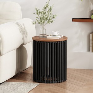 Black Acacia Solid Wood Side Table with Slatted Round Base, Modern Patio End Table for Outdoor Balcony, Porch or Indoor Living Room Decor-Maison - 1 of 4