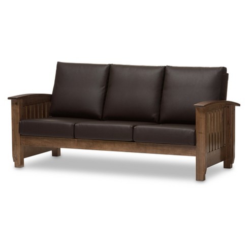 Charlotte Modern Classic Mission Style Faux Leather 3 Seater Sofa Dark Brown Walnut Brown Baxton Studio