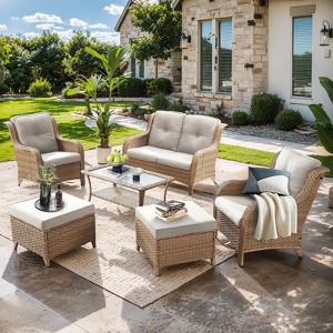 Gymojoy 6 Piece Outdoor Wicker Loveseat Sofa with Patio Chairs with Coffee Table and Ottoman Sets - 1 of 4