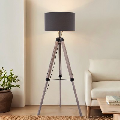 58" Industrial Tripod Floor Lamp with Height Adjustable Natural Wood Stand and Linen Drum Shade,Modern Standing Lamp for Living Room,Bedroom,Study-G