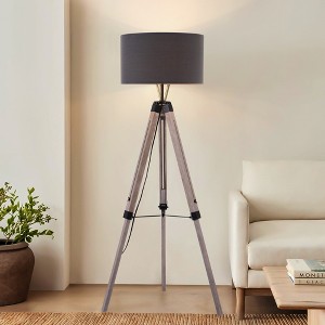 58" Industrial Tripod Floor Lamp with Height Adjustable Natural Wood Stand and Linen Drum Shade,Modern Standing Lamp for Living Room,Bedroom,Study - 1 of 4