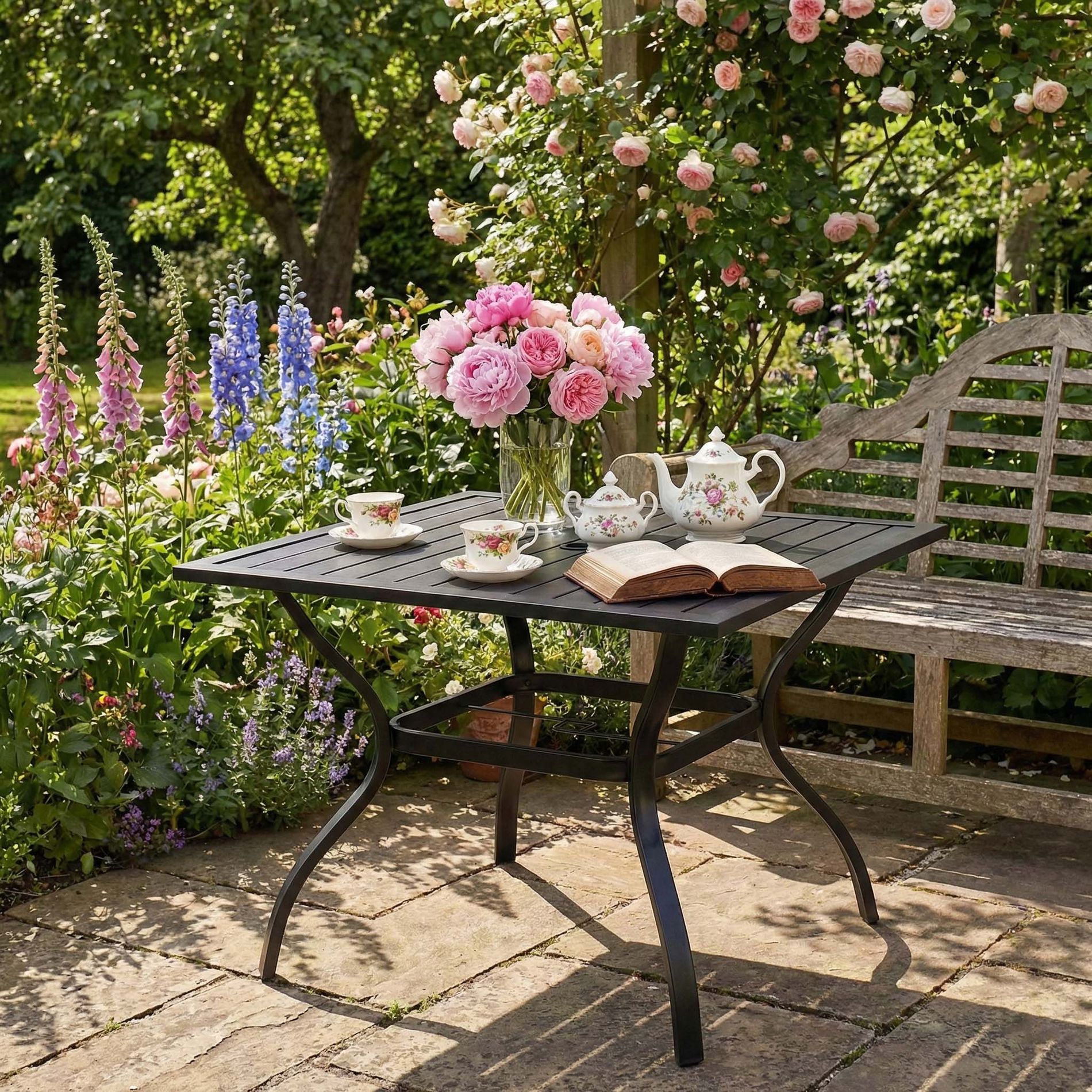 GDFStudio Arden Outdoor Square Steel Dining Table with Slatted Top and Umbrella Hole, Black
