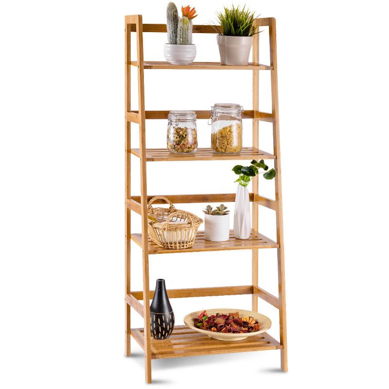 Costway Multifunctional 4 Shelf Bamboo Bookcase Ladder Plant Flower Stand Rack Storage White/Natural, 2 of 10