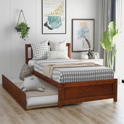 Twin Size Platform Bed Wood Bed Frame With Trundle Walnut-modernluxe ...