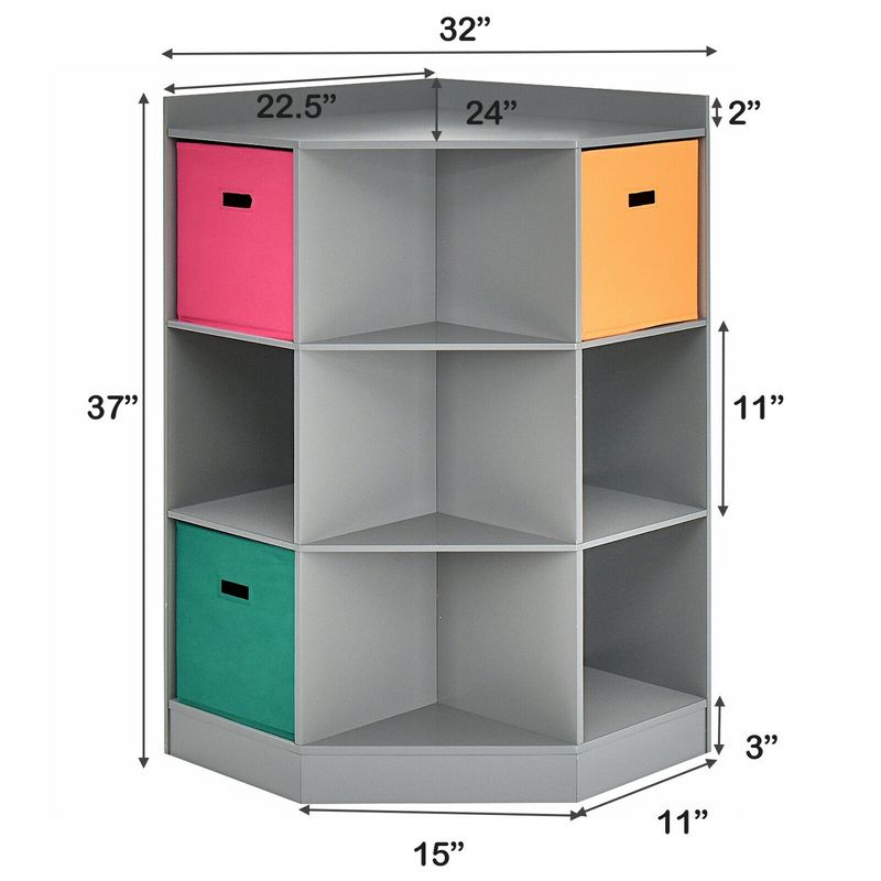 Costway 3-Tier Kid Storage Shelf Cubes w/3 Baskets Corner Cabinet Organizer Gray, 2 of 11