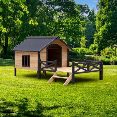 FURNIinspire Outdoor Large Wooden Cabin House Style Wooden Dog Kennel with Porch,67"*32.7"*32.3"