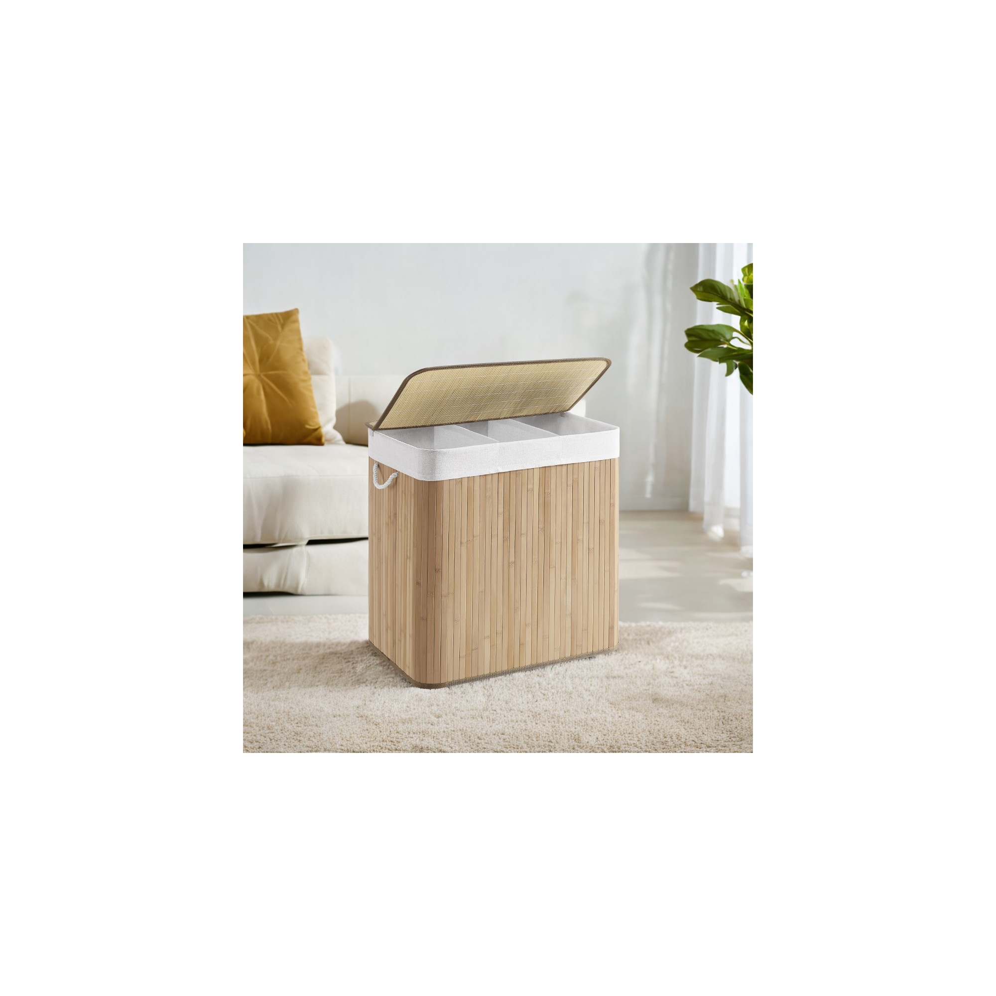 LEDREM 39.6 Gallons Laundry Hamper, 3-Section Laundry Basket, with Lid, Bamboo, Foldable, Removable and Machine Washable Liner Laundry Storage Sorter
