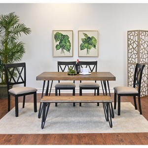Roundhill Furniture Arroyo Dining Set, Hairpin Dining Table with 4 Cross-back Chairs and Bench, Rich Black, 6-Piece - 1 of 4