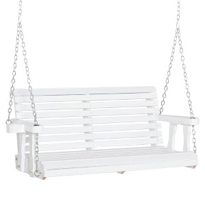 Okak Modern Porch Swing with Chains and Cupholders, Wooden Hanging Chair with Slat Seat, Outdoor Swing for Garden, Backyard, White - 1 of 4