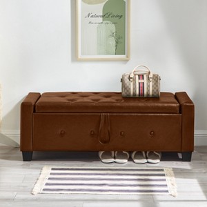 Gulches 48" Brown Tufted Faux Leather Ottoman Bench with Storage - Multifunctional Upholstered Bench for Bedroom, Living Room, Hallway - 1 of 4