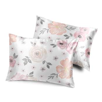 Sweet Jojo Designs Decorative Satin Pillowcases Watercolor Floral Pink and Grey 2pc