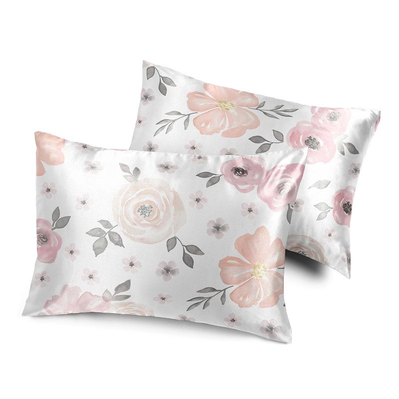 Sweet Jojo Designs Decorative Satin Pillowcases Watercolor Floral Pink and Grey 2pc, 1 of 7