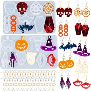 JDICTION Halloween Resin Jewelry Making Kit - 82PCS Earring & Pendant Molds, 10 Silicone Pairs & 40 Hooks For Skull Pumpkin Bat Spider Keychains - 1 of 4