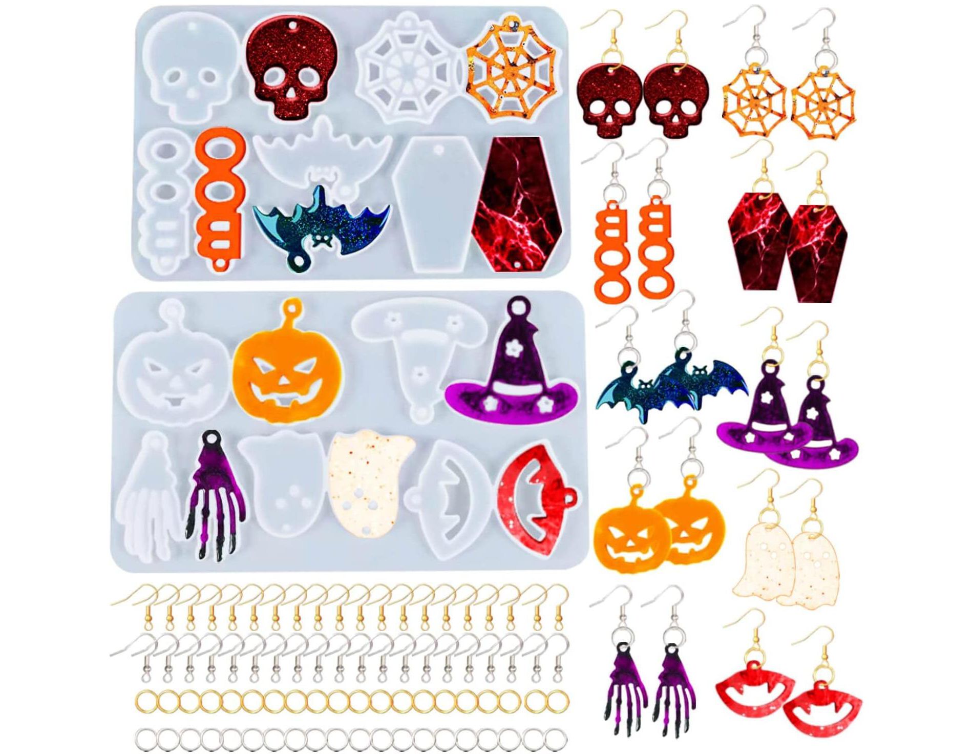 JDICTION Halloween Resin Jewelry Making Kit - 82PCS Earring & Pendant Molds, 10 Silicone Pairs & 40 Hooks For Skull Pumpkin Bat Spider Keychains