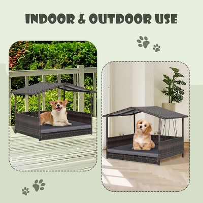 Medium Brown Wicker Outdoor Dog House with Grey Cushion
