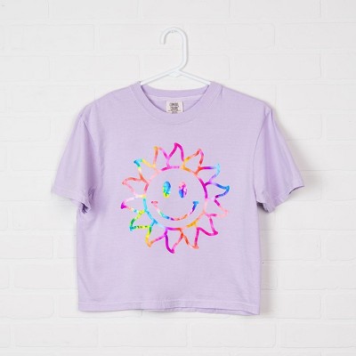 Simply Sage Market Women's Tie Dye Sun Short Sleeve Relaxed Fit Cropped Graphic Tee - L - Orchid