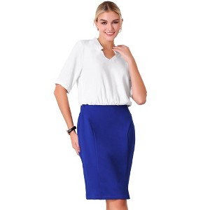 Hobemty Women's Short Sleeve Work Contrast Color V Neck Pencil Sheath Dress - 1 of 4