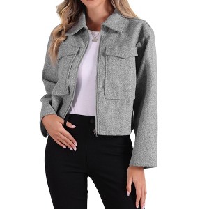 Allegra K Women's Zipper Lapel Collar Two Pockets Long Sleeve Casual Jacket - 1 of 4