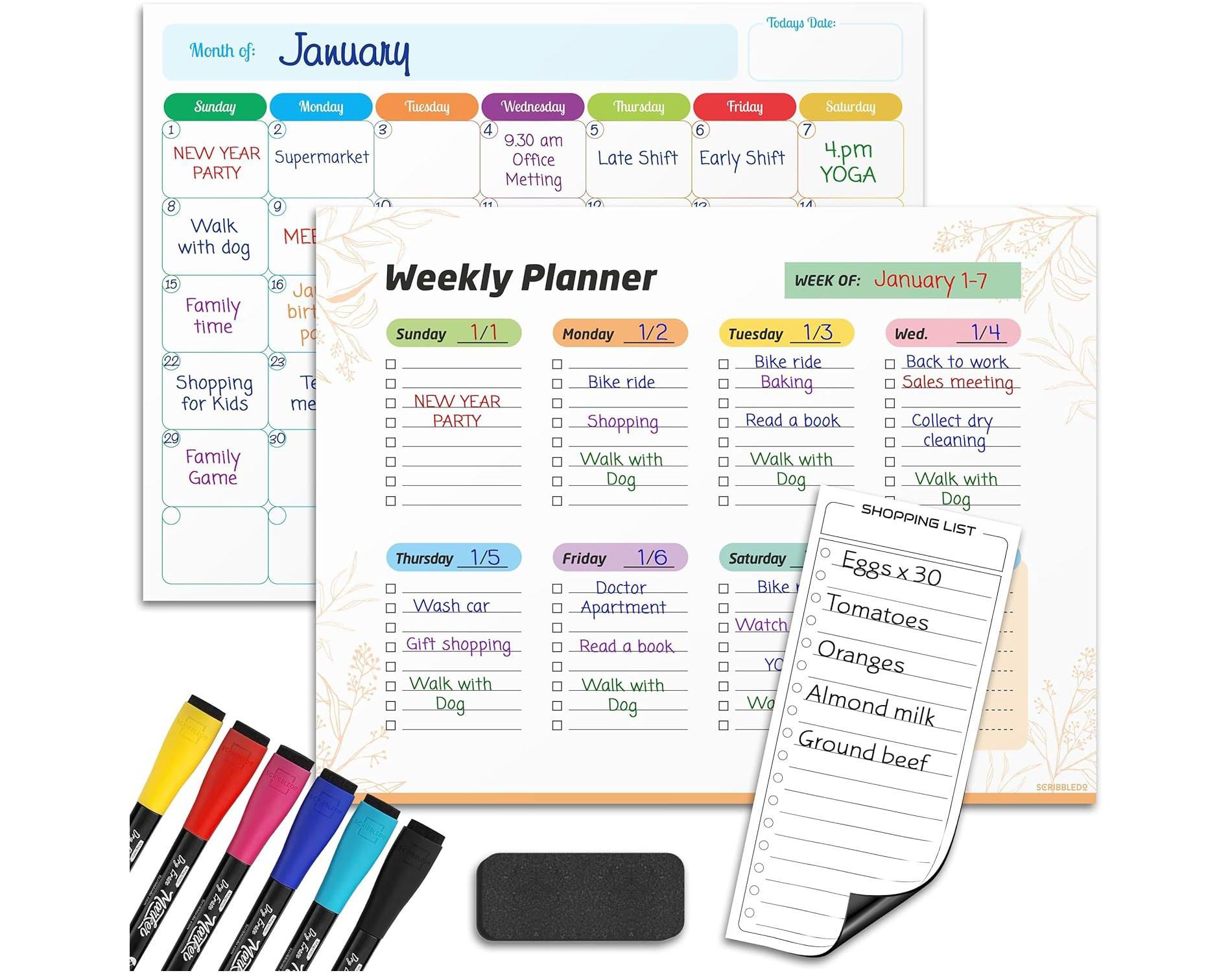 SCRIBBLEDO Monthly & Weekly Magnetic Calendar for Fridge – 13"x17" Dry Erase Planner with 6 Markers