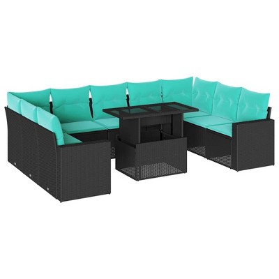 vidaXL 10 Piece Garden Sofa Set with Cushions Black Poly Rattan - without storage