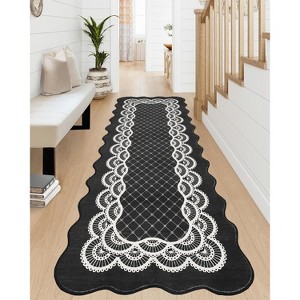 2'x6' Washable Scalloped Living Room Rugs, Plaid Floral Soft Non Slip Bedroom Carpet, Large Low Pile Dining Room Rugs, Black - 1 of 4