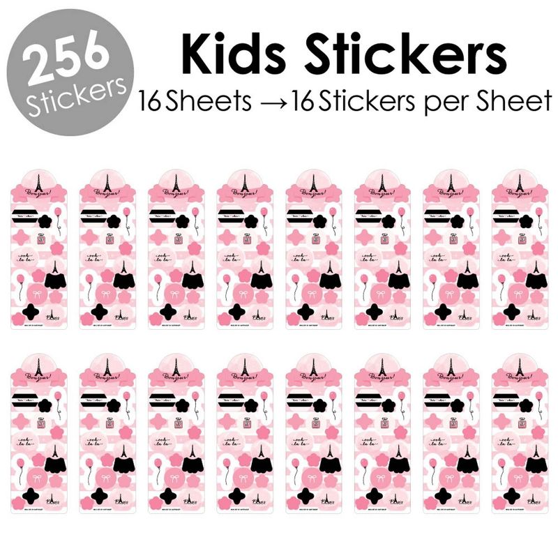 Big Dot of Happiness Paris, Ooh La La - Paris Themed Birthday Party Favor Kids Stickers - 16 Sheets - 256 Stickers, 2 of 8