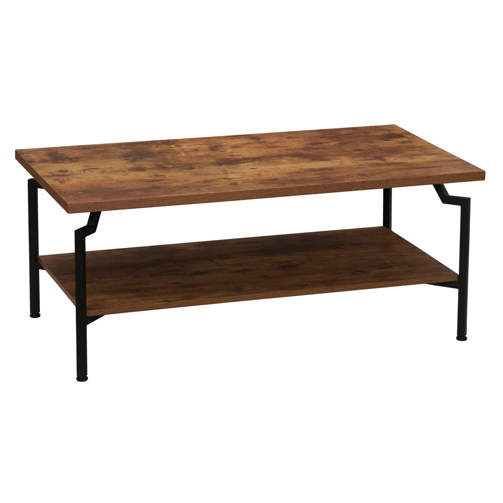 Crown Rectangular Coffee Table with Storage Shelf Rustic Hickory Wood Grain and Black Metal