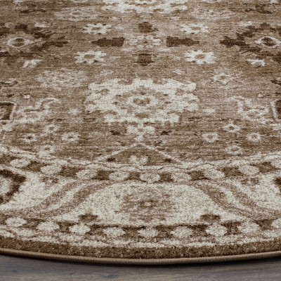 Taupe Floral Round Non-slip Synthetic Rug, 36"