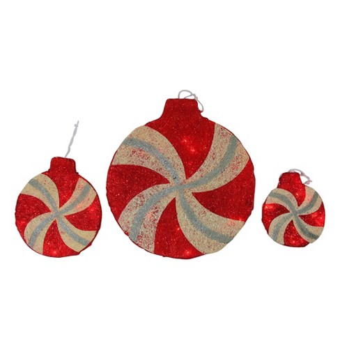 Penn Set Of 3 Red And White Peppermint Twist Lighted Glitter