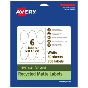 Avery Recycled Matte White Labels,  4-1/4" x 2-1/2" Oval - 1 of 4