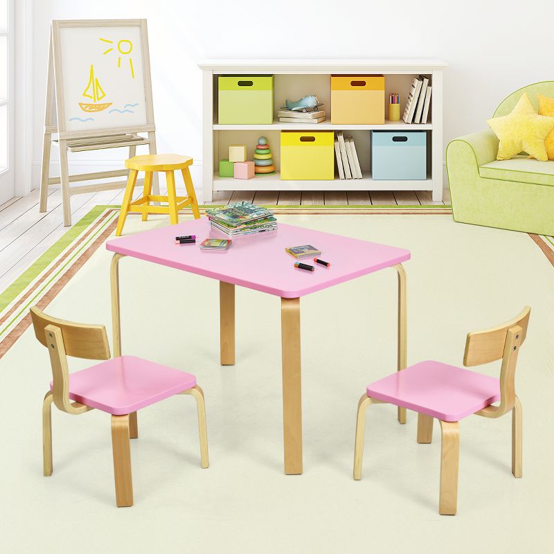 Tangkula 3-Piece Kids Wooden Table Chairs Set Children Activity Desk & Chair Furniture Pink/Green, 5 of 11