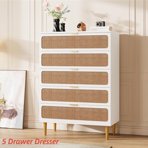 Rattan 5 Drawer Dresser for Bedroom, Chest of Drawers with Deep Drawers, Large Double Dresser for Closet with Wide Top, Tall Wooden Dresser - 1 of 4
