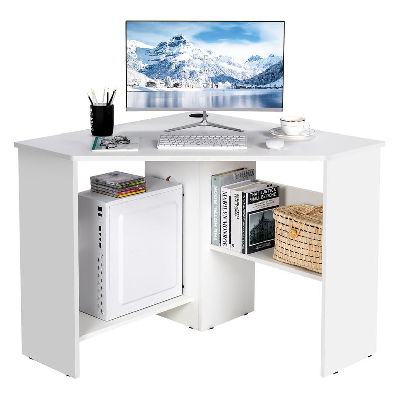 Costway Corner Computer Desk Triangle Writing Workstation w/ Storage Shelf White\Black, 1 of 11