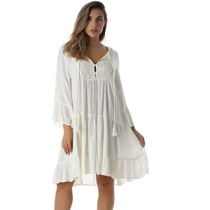 Riviera Sun Womens 3/4 Sleeve Summer Dress - Beach Cover Up Tunic Dress with Embroidery - 1 of 3
