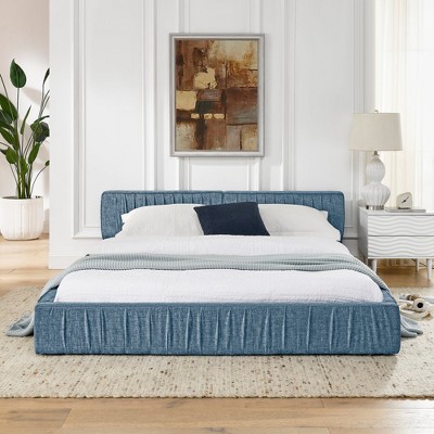 Chenille Grounded Bed Frame with Thickness Headboard, Pleated Design Upholstered Bed with Solid Wood Frame for Bedroom, No Box Spring Needed