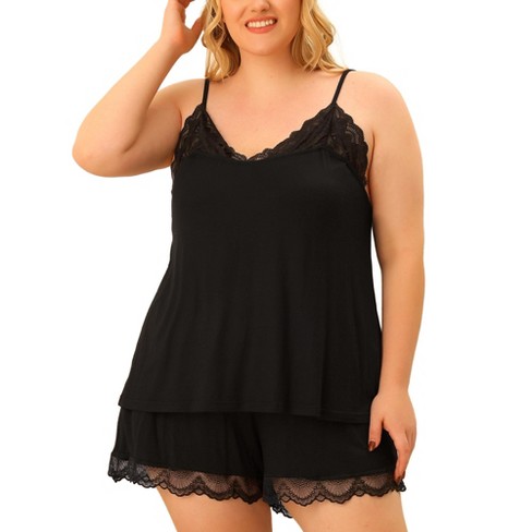 Agnes Orinda Women's Plus Size V Neck Lace Trim Elastic Waist Shorts Sleepwear  Pajamas Set Black 2x : Target