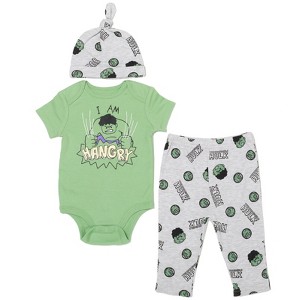 Marvel Avengers Hulk Captain America Spider-Man Baby Bodysuit Pants and Hat 3 Piece Outfit Set Newborn to Infant - 1 of 4